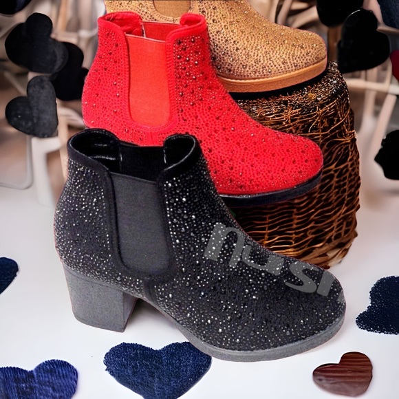 Italina Black Metallic Glitter Rhinestone Embellished Heeled Bootie - Picture 2 of 7